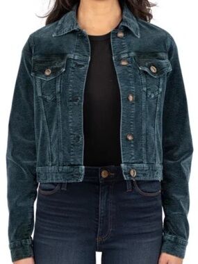 NWT NEW KUT From The Kloth Julie Corduroy Crop Trucker Coat Jacket Blue Teal XS